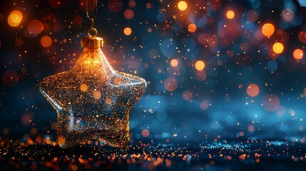 Poster - The design of this greeting card is in a low poly style with a star christmas toy. The background is abstract geometric with wireframe light connection structures. The illustration is isolated and