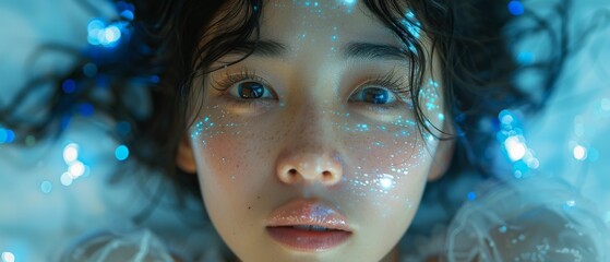 Aufkleber - This concept shows a young asian woman keeping up with technology in a fast-changing world by displaying her phone's data and functions in a holographic display around her.