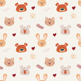 Fototapeta Dinusie - Cute bohemian baby seamless pattern with cute animals, koala, cat, rabbit, bear in boho style in warm pastel colors