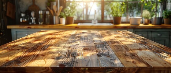 Poster - Kitchen interior with green island. Elegant wooden worktops. Cozy olive kitchen with appliances and utensils. Close-up of kitchen worktop. 3D rendering. 3D illustration.