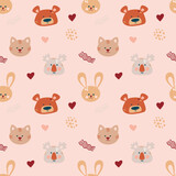 Fototapeta Dinusie - Cute bohemian baby seamless pattern with cute animals, koala, cat, rabbit, bear in boho style in warm pastel colors