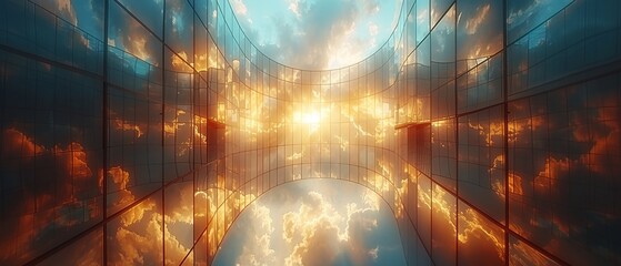 Fototapete - The clouds are reflected in the curve glass office building. 3D rendering.