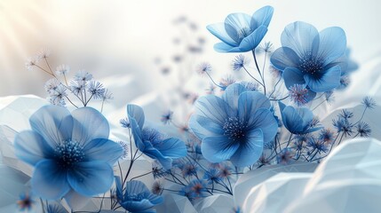 Aufkleber - An isolated  illustration showing a banner with blue growing flowers. The design is in a low-poly style. The background is abstract geometric. The structure of the light connection is