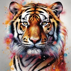 Sticker - tiger with paint splashes tiger with paint splashes tiger head, watercolor painting