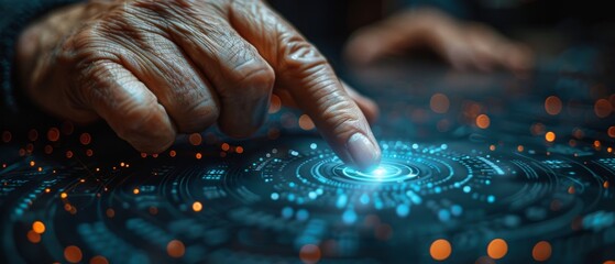 Aufkleber - The hand of a businessman touching upon digital data network transformations for next generation technologies in cyberspace, Internet networks, digital software development, algorithms, metaverses,