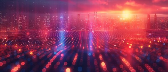 Fototapete - In this night city banner with big data, smart city dot points are connected by gradient grid lines, connecting technologies in the metaverse.