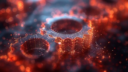 Poster - Low poly abstract composition of cogwheels. Abstract geometric background with wireframe light connections. Modern 3D graphic concept. Isolated  illustration.