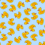Fototapeta Na ścianę - Seamless pattern with cute сartoon bath duck on blue - funny background for Your textile design