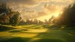 A serene golf course at sunset, with lush green fairways and a golfer teeing off into the distance.
