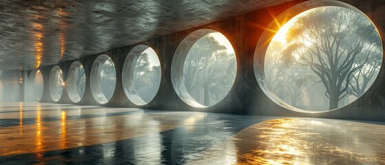 Wall Mural - This 3D rendering shows a futuristic abstract building with an empty concrete floor...