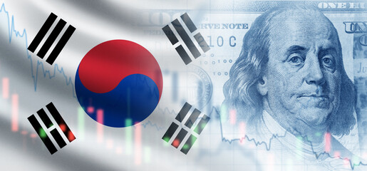 Sticker - Economics of south Korea. Crisis chart near dollar money. Problems in Korean economy. Declining income of Seoul residents. Recession crisis in south Korea. Financial inflation graph