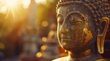 Fototapeta  - On a sunny day, the sun shines on the golden Buddha statue, backlight, mona lisa style, UHD, hyper quality, copy space - generative ai