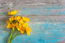 Bouquet Of Yellow Daisies On A Old Blue Paint Wooden Background; Happy Mother's Day Greeting Card