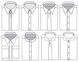 Folded formal shirt flat sketch illustration with front and back view, Band Collar, Round collar and cutaway collar shirt with French placket and hidden placket shirt cad drawing template