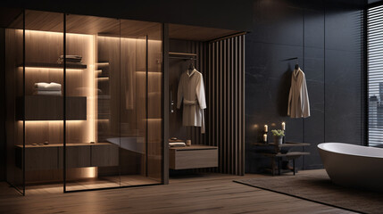 Wall Mural - Modern luxury stylish dark brown wood walk in closet, minimal walk in wardrobe dressing room interior.