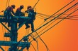 Linemen repairing power lines against a sunset sky - A silhouette of linemen working on electrical power lines against an orange sunset sky, illustrating teamwork and infrastructure maintenance