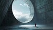 Person under immense circular portal to sky - An awe-inspiring image capturing a human figure standing under a huge circular opening revealing a clear sky from within a large concrete structure