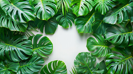 Wall Mural - Monstera illustration background, green leaves. Background wallpaper. Generative AI