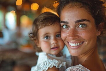 The image captures a joyful mother-daughter moment with a focus on their smiling faces and bright eyes