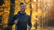 Man, smile in portrait and run outdoor, fitness and cardio with marathon, sports and athlete in nature.