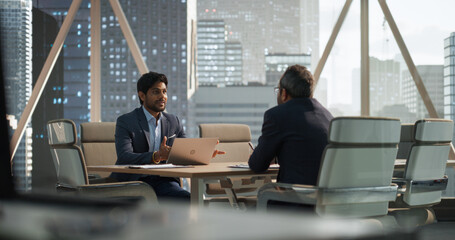 Aufkleber - South Asians Business Partners Striking a Successful Deal at a Corporate Modern Meeting Room. Two Young Indian Businessmen Discussing Investment Opportunities, Strategy, Financing.