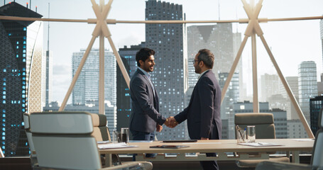 Aufkleber - Two Young South Asian Businessmen Shaking Hands in Corporate Office Conference Room. Operations Manager and Team Leader Discussing Creative Business Solutions for Their Company Project