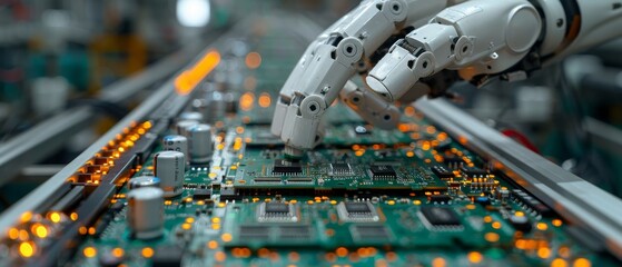 Wall Mural - On an assembly line, an industrial robot manipulator places electronic components on electronic circuit boards. The robot's hand holds the chip above the PCB. This is an AI-powered robotics factory