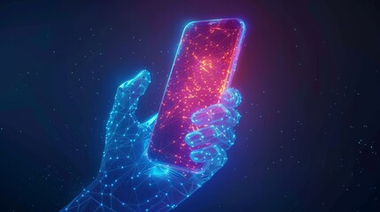 Fototapete - Low-poly wireframe  illustration. Abstract starry sky and cosmos style in blue. Screen and arm palm of a device. Digital concept of gadgets and devices.