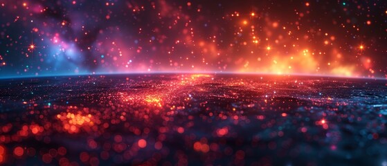 Poster - A  arrow pointing up on a laptop. Abstract picture of finance growth in the form of a starry sky or space, with points, lines, and shapes representing planets, stars, and the universe.