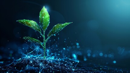 Aufkleber - Biotechnology concept. Stem growing in green. Low poly design. Abstract blue geometric background. Wireframe light connection structure. Modern 3D graphic illustration. Isolated  illustration.