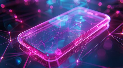 Fototapete - A minimalist mobile phone concept with a white screen and low poly style. Geometric background. Wireframe light connections. Modern graphic design. Isolated  illustration.