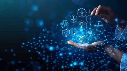 Aufkleber - Medicinal icons on hexagons made into a pyramid with a hand holding the top element. Health care plane, patient service digital technology, AI integration, futuristic pharmacy innovation concept.