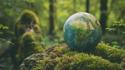 Poster - European and African globes resting on moss in a forest - concept of environment