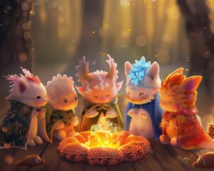 Digital art of a cozy amigurumi animal circle each wearing unique ponchos and capes a gentle dragon with glistening scales joins in