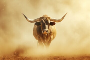 Wall Mural - A large bull raises dust with its furious running against the backdrop of sunset rays, a symbol of the state of Texas, bullfighting