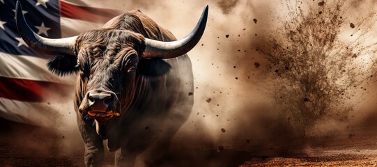 Wall Mural - A large bull against the background of the American flag as a symbol of the state of Texas. Revolution or bullfight concept