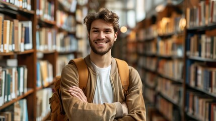 Wall Mural - Handsome Smile student man with backpack and books in library, education, university, cheerful, college, happy, standing, school, backpack, attractive, enjoyment, confidence.