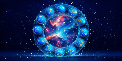 Wall Mural - zodiac signs in circle with universe nebula background and stars like astrology concept 