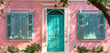A classical house design with a symmetrical facade, adorned in pastel pink stucco walls and framed by azure blue shutters, centered around a vibrant emerald green door