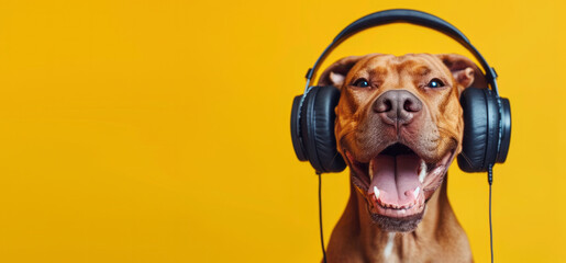 Wall Mural - Cute dog wearing big headphones listens to music, sound therapy concept for animals	
