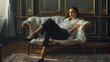 An elegant young woman reclining in trendy shoes on a stylish chaise lounge, her poised posture and fashionable footwear exuding sophistication.