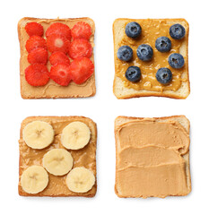 Wall Mural - Different tasty peanut butter sandwiches isolated on white, top view