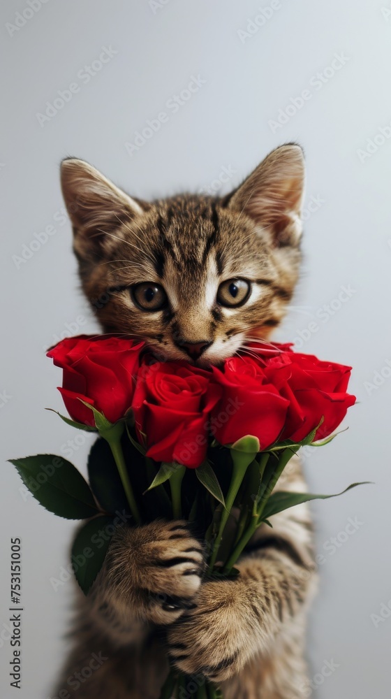 Tabby Cat Posed with Red Rose Bouquet in Yellow and Gold Style on White ...