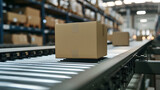 Fototapeta Przestrzenne - Photo of box or parcel moving along a conveyor belt in sorting center.