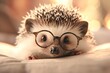 Cute hedgehog with round glasses sitting on sofa