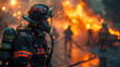 a firefighter in full gear in front of the flames of a huge fire