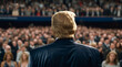 Republican president stands tall amidst a sea of supporters at rally. Back view of presidential candidate in front of a crowd.