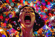 Cartoon Woman Shouting with Colorful Abstract Background