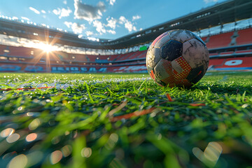 Photo of soccer ball lying on the grass of stadium. Close photo