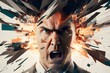 A close-up shot of a businessman's face in chaos, with graphic elements portraying the explosion of creativity and innovation within his mind.